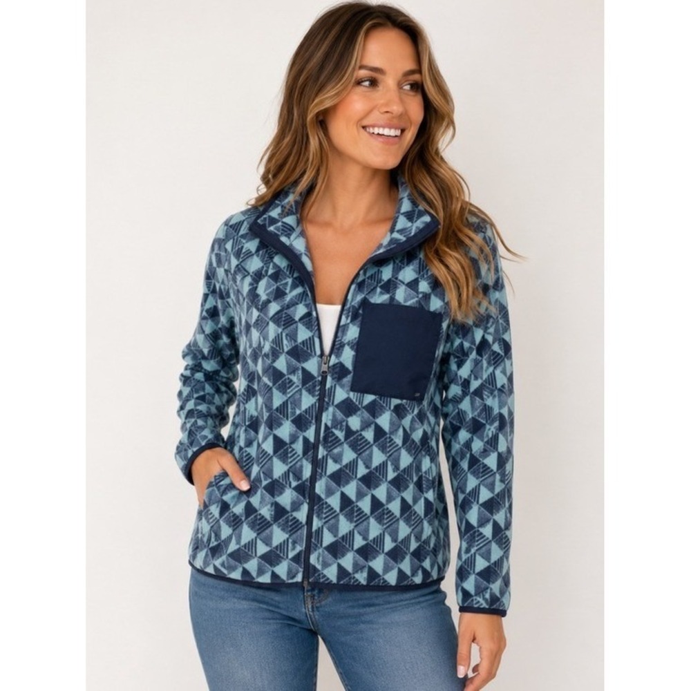 L.L.Bean Fleece Jacket Womens Medium Teal Geometric Full Zip Recycled Outdoor